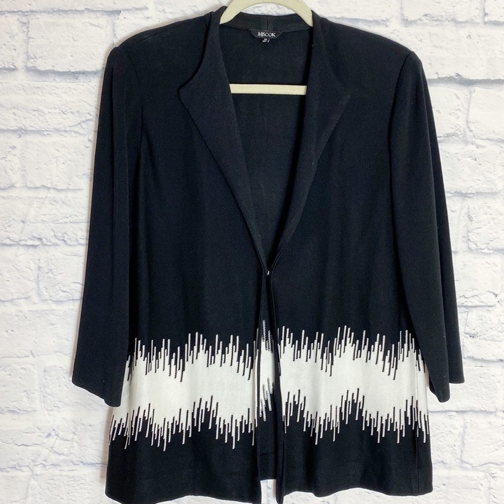 Misook Black Open Sweater Cardigan White Abstract Design Medium